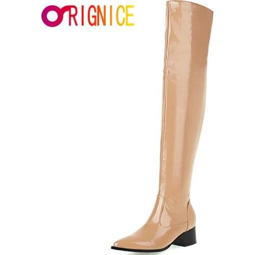 Orignice New Arrival Over The Knee Boots Solid Color Stretch Patent Leather Square Heeled Pointed Toe Winter Women Party Shoes