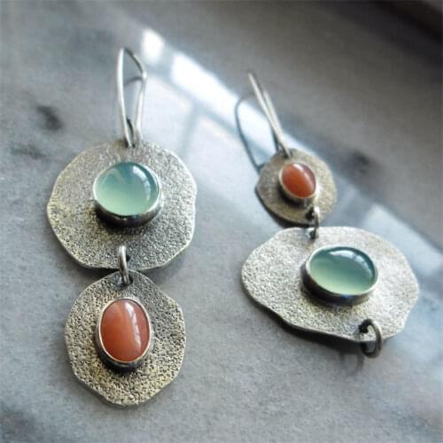 2020 New Vintage Pendientes Green Orange Stone Dangle Earrings For Women Boho Jewelry Antique Silver Asymmetric Handmade Earring