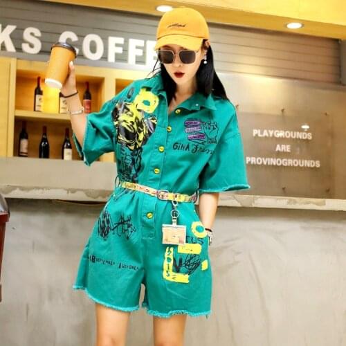 Summer Fashion Denim Jumpsuit Women Loose And Thin Letter Printing 2021 New Trend Graffiti High Waist Jumpsuit Red White Green