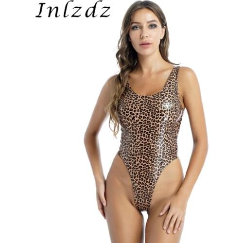 Women Leopard Print High Cut Sexy Bodysuit Tight Romper Jumpsuit Patent Leather Catsuit Clubwear Sleeveless Swimsuit Swimwear