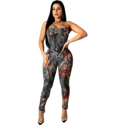 Womens Sexy Sleeveless Printed Halter Casual Jumpsuit Nightclub Rompers