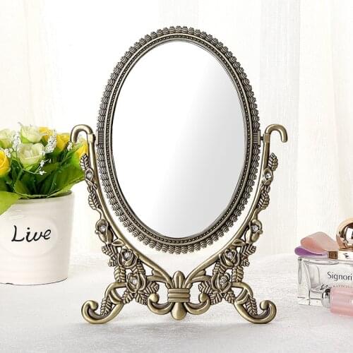 Antique Bronze Pewter Rose Flower Metal Table Mirror European Home Decor Double-Sided 4x6,6x8 inches Oval x1 Alloy Framed Mirror
