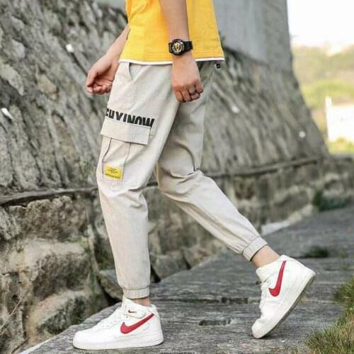 Casual Pants Cargo Men Loose Ankle-length Chic Pockets Bundle Elastic Waist Large Size Teens Harajuku All-match Trendy