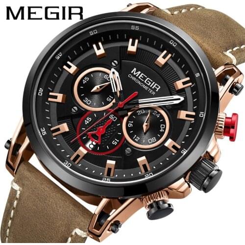 Megir Mens Watch Luxury Brand Hollow Shell Multi-function Sports Watches Leather Strap Date Relogio Masculino Hours Wristwatch