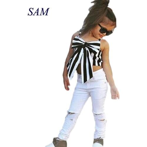 Girls Clothing Set 2019 Hot Summer European Style Girls Set Stripes Tops+Fashion Hole Pants 2pcs Childrens Suits