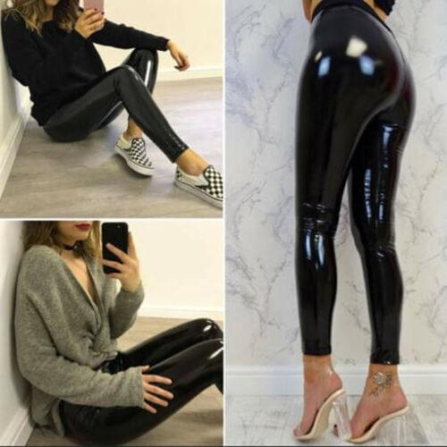 Hirigin Pants Women PU Leather pants Slim High Waist Shiny Wet Look Leggings Stretchy Slim Long Pencil Trouser