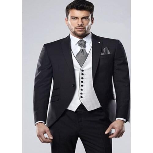 Black 3 Pieces Wedding Suit For Men Slim Fit Peak Lapel Mens Business Casual White Vest Costume Formal Terno Masculino Clothing