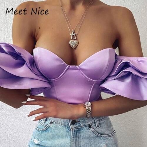 New Style Boned Corset Tops Women Solid Color Sweet Ruffles Sleeve Blusas Sexy Off Shoulder Satin Crop Top Summer Bustier