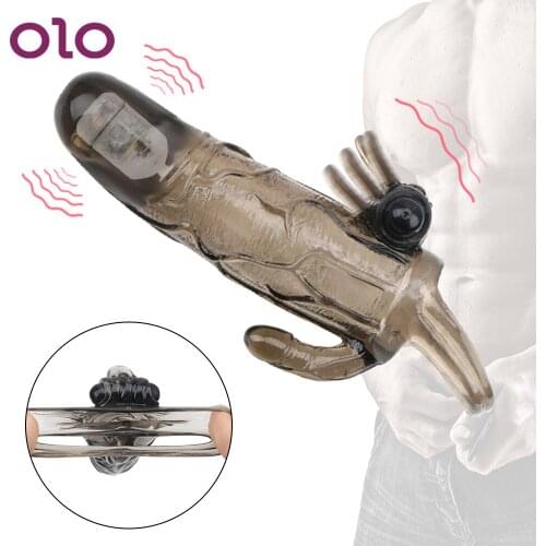 OLO Double Vibrator Penis Sleeve Cock Enlargement Penis Extender Delayed Ejaculation Adult Sex Toys Man Reusable Condom For Men