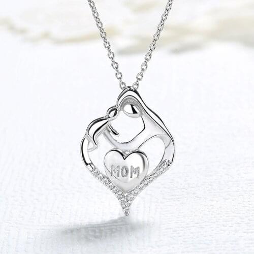 TNF88 Sterling Silver 925 Mother and Child Heart Love Pendant Necklace Silver Jewelry
