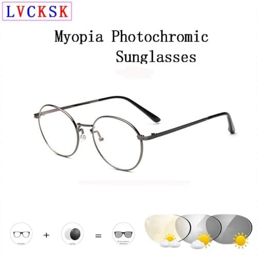 Photochromic Myopia Sunglasses Finished Men Women Round Eyeglasses Frame Changing color lens Sun glasses Eyewear -1.0 -6.0
