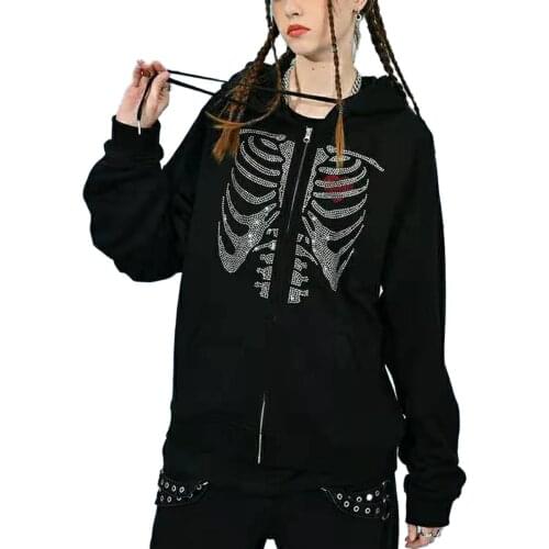 Halloween Women Autumn Polyester Hooded Sweatshirts Adults Skeleton Heart Pattern Long Sleeve Cardigan Hoodies Drawstring Pocket