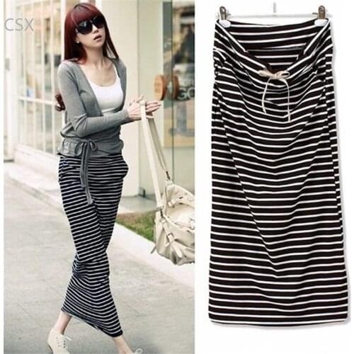 Female 2018 Sexy Cotton Long Skirt Women Stripe High Waist Skirts Black White Splicing Texture Ankle-Length Skirts Vestido