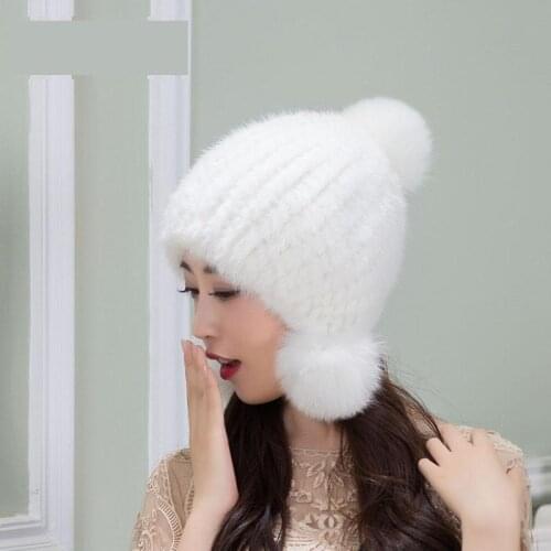 Woman Thick Stretch Mink Fur Skullies & Beanies Caps Female Winter Warm Ear Protection Fur Hats Lady Fur Anti-wind Fur Cap