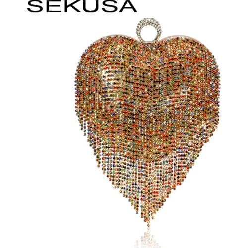 SEKUSA heart brand design women evening bags tassel diamonds finger ring luxury 2020 new day clutch for paryt handbags purse