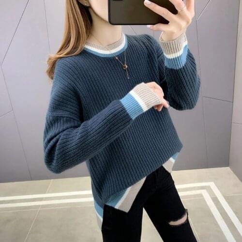 2021New sweater Knit sweater loose sweater women real shot striped color matching round neck knitted sleeve