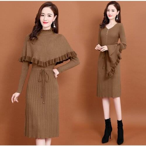 2021 New Womens Fashion Sweaters Pullover and Knitting Dress 2 Piece Sets Autumn Winter Female V-neck Dresses Knitted Suit Q811