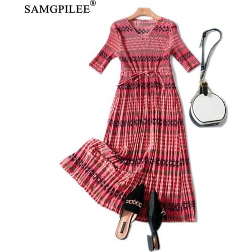 Women Summer Casual Dresses 2020 Office Lady Pleated Print Short Sleeve Plus Size Womens Sashes Mid-calf V-neck Dress Women 4XL