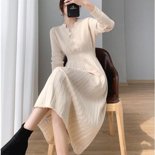 2021 autumn winter V Neck Long Sleeve Midi Dress Women Button High Waist A Line Slim Chic Knitted Solid dress Vestidos