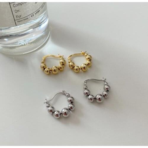 1PAIR 100% Authentic 925 Sterling silver White/Gold Beads Round Ball Geometric Hoop Huggie Earrings jEWELRY tle973