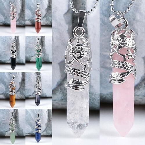 Dragon Tribe Totem Natural Stone Hexagonal Crystal Quartz Ethnic Chakra Healing Point Pendant Necklace Jewelry 1PC