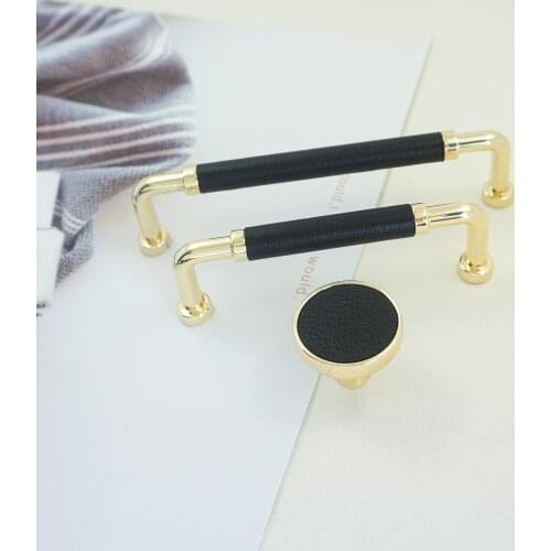 3.78'' Zinc Alloy + Leather Cabinet Pulls Handles Gold Knobs for Drawer Dresser Cupboard High Quality Furniture Pull Handle