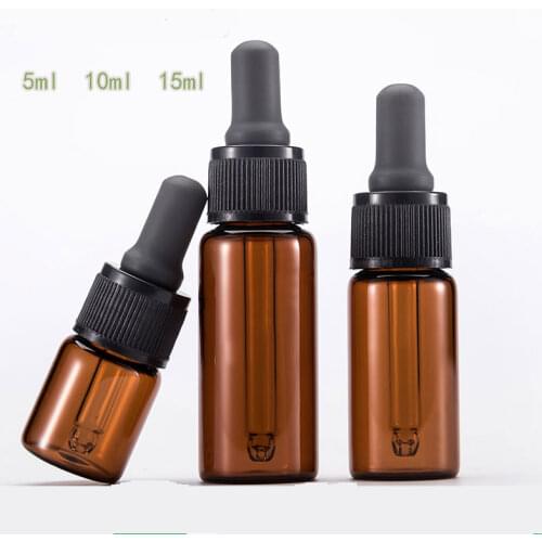 300PCS/LOT 5/10/15ml Empty Amber Glass Dropper Bottles Pipette W/cover for Essential Oil Essential Oil Vials