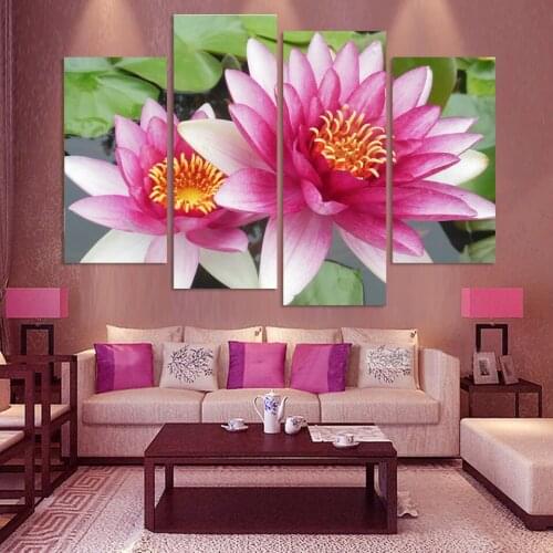 4 Panel Wall Art Pictures Botanical Red Feng Shui pink lotus Oil Painting On Canvas The Picture For Living Room Decoration