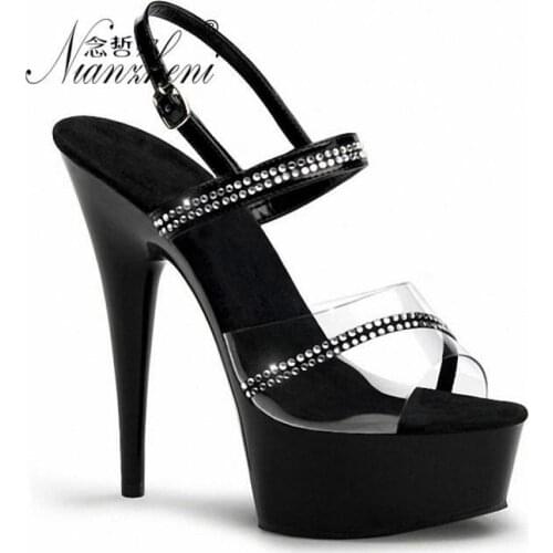6 Inches Ribbons stripper heels High heels Lady shoes pole dance shoes Rhinestone Peep toe Stage Sexy Party Models Party Black