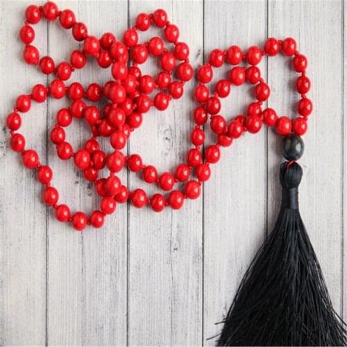 8mm Red Coral Gemstone 108 Beads Tassel mala Necklace Retro Spiritua Meditation Bless Buddhism Spirituality Classic