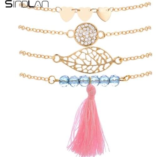 Sindlan Bracelet Charm Crystal Beads Hollow Leaves Peach Heart Pink Cotton Tassel Pendant Gold Chain Bracelets Bangles For Women