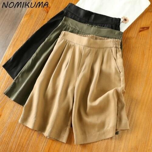 Nomikuma Causal Wide Leg Half Pants 2021 Summer New Stretch High Waisted Trousers Korean Solid Knee-length Pants Mujer 6J633