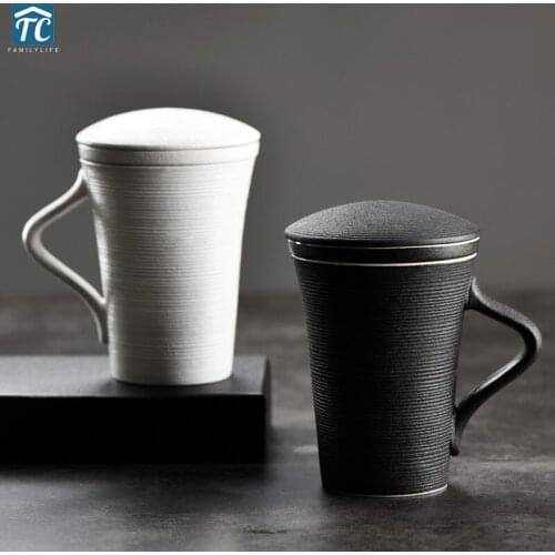 Teacup with Filter Japanese tea mug infuser and lid Heat Resistant Spiral Stripe mug for tea Retro Porcelain Large Capacity