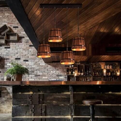 Retro industrial style restaurant bar single-head three-head wooden bucket chandelier personalized coffee shop dining lamps