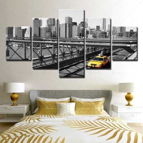 Home Decor Canvas City View Painting Yellow Taxi Pictures Wall Art Prints building Modular 5 Panel Poster For Living Room Framed