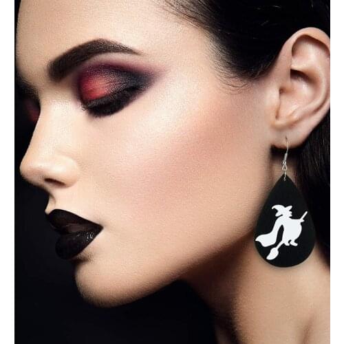 Gothic Black Halloween Earrings Trendy Faux Leather Long Drop Dangle Earrings Pumpkin Teardrop Jewelry Gifts Aretes