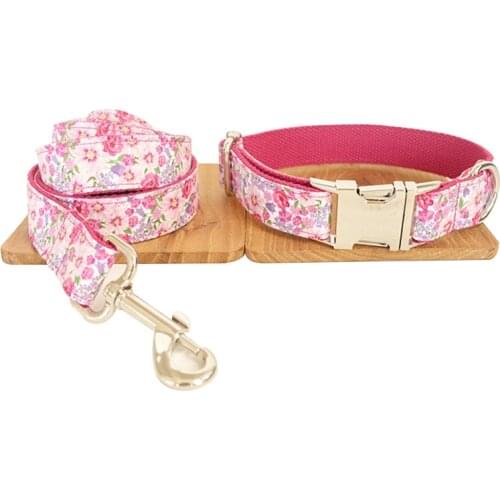 Classical Pink Flowers Fashion Design Pitbull Dog Collar & Leash Set Nylon Dog Leash Rope Para Cachorros Produtos Lead For Dogs