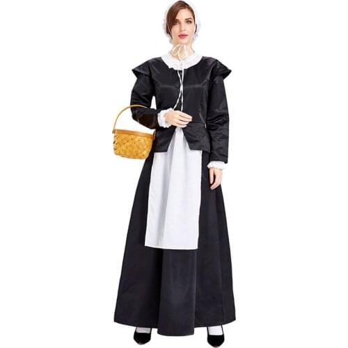 Halloween Costume Last Century Pastoral French Housekeeper and Maid Clothes Black and White Long-sleeved Round Shoulder Dress