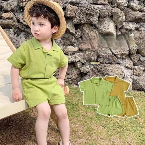 2021 Summer Childrens Clothing Boys And Girls Casual Solid Color High-end Suit Lapel Short Sleeve 2-piece Set 1-8 Years Old