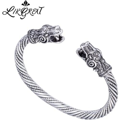 LIKGREAT Vintage Viking Bangle Animal Head Cuff Bracelet Men Wristband Bangle Silver Color Indian Fashion Jewelry Gifts