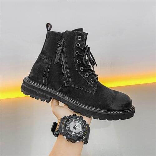 2021 Black Male Martin Boots Trend All-match Mid-cut Boots Mens Waterproof High-top Leather Shoes Men Platform Zip Army Boots