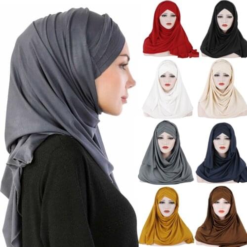 Women Bubble Cross Jersey Scarf Soft Plain Cotton Instant Hijab Shawls and Wraps Femme Muslim Hijabs Ready To Wear Headscarf