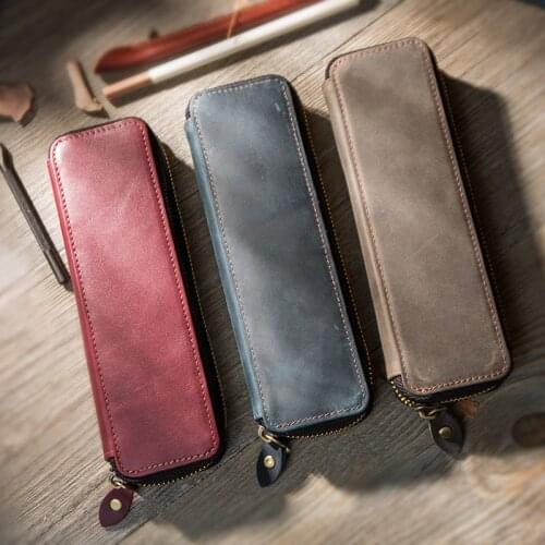 First Layer Cowhide Genuine Leather Zipper Type Simple Style Pen Bag Retro Pencil Case Stationery Bag For Fountain Pen