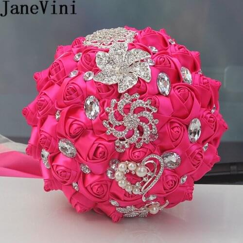 JaneVini Rose Red Luxury Crystal Wedding Bouquet Satin Flower Pearls Rhinestone Royal Blue Bridal Bouquets Bride Ramo Flores