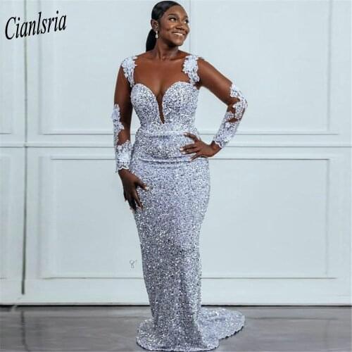 Silver Sequined Backless Long Sleeve Mermaid Evening Dress Sweetheart Appliques Lace Formal Evening Party Dresses