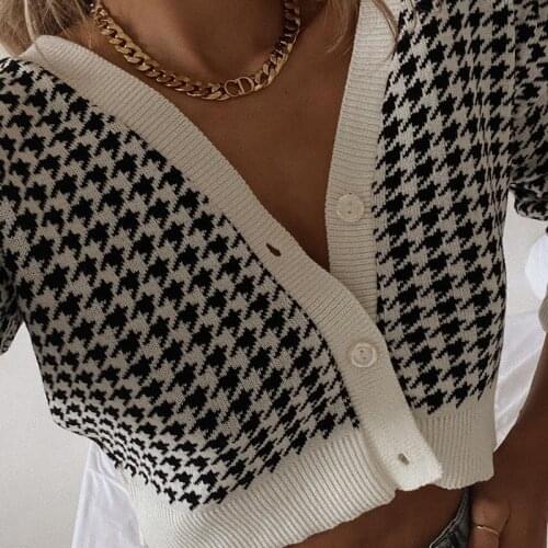 Casual Houndstooth embroidery Retro Crop Top Cardigan Women V Neck Elegant Chic Sweater korean Fashion y2k Sexy Womens sweater