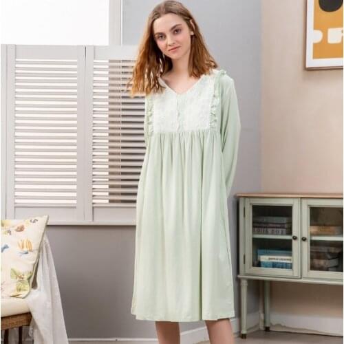 Spring autumn nightdress women long sleeve full cotton princess night gown home wear dress loose sweet lace nightgown female
