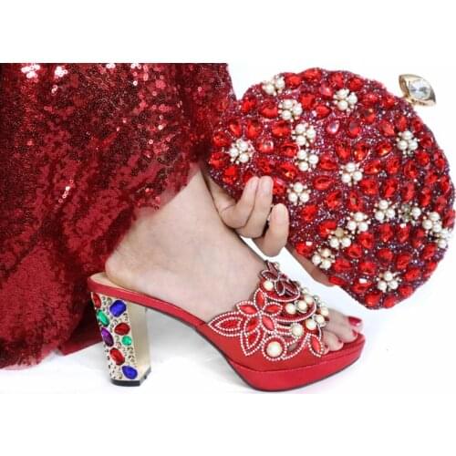 Wonderful red women pumps match handbag set with big crystal and beads african dress shoes and bag for party X55,heel 8.5CM