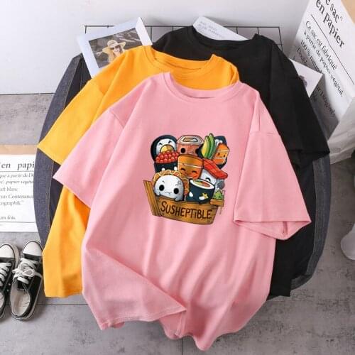 Cute Sushi Elegant Womens T-shirts O-Neck Fashion 2021 Retro Tshirts Outdoor White Casual Tops Tees Breathable Ladies Camiaetas