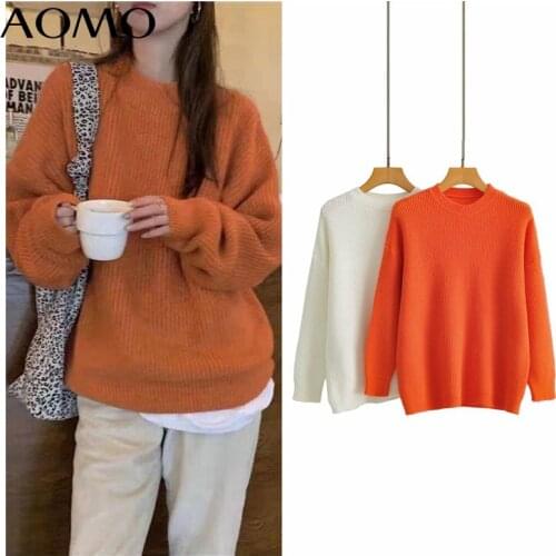 AOMO Women 2021 Fashion Solid Oversized Knitted Sweater Vintage Long Sleeve Female Pullovers Chic Tops BC81A